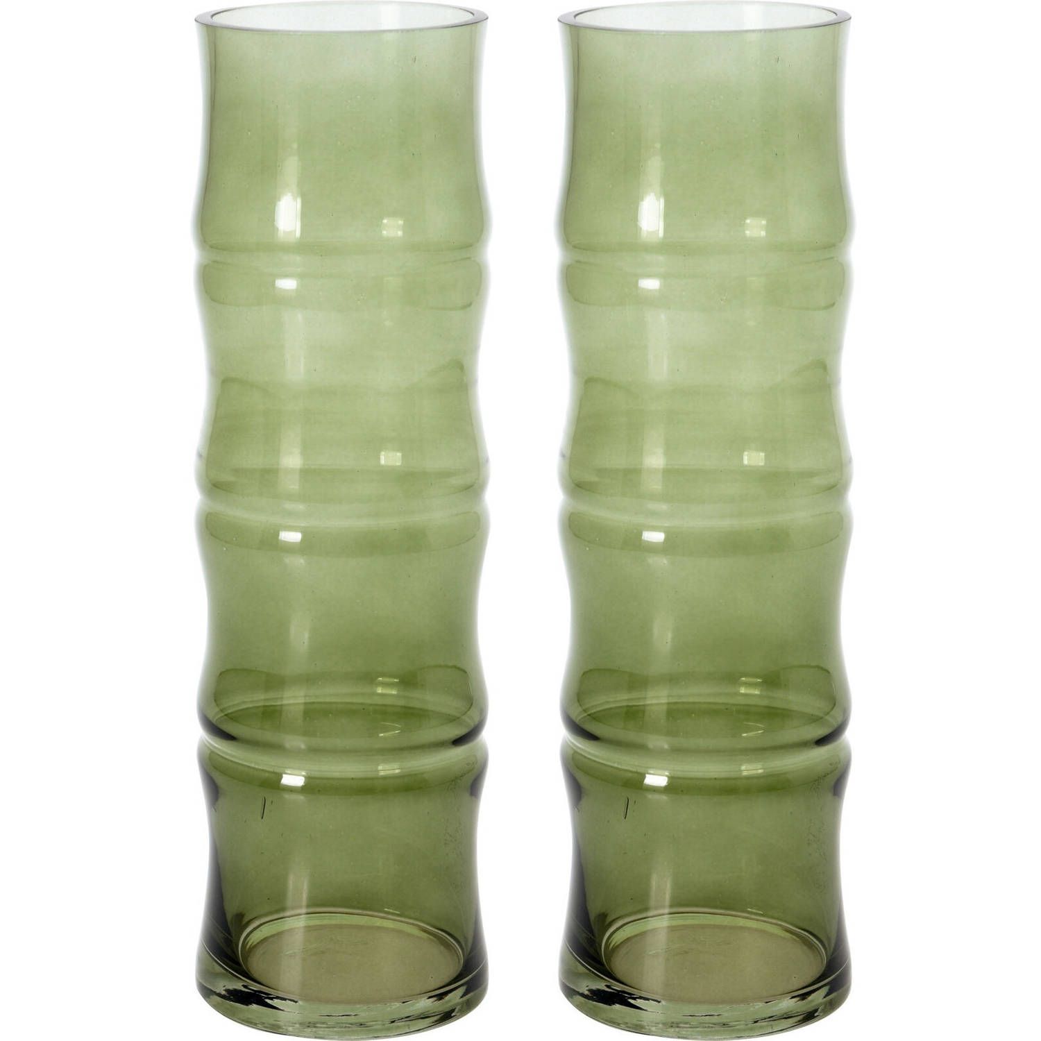 Bellatio Flowers & Plants 2x lichtgroene glazen bamboe vaas/vazen 9 x 31 cm - groen