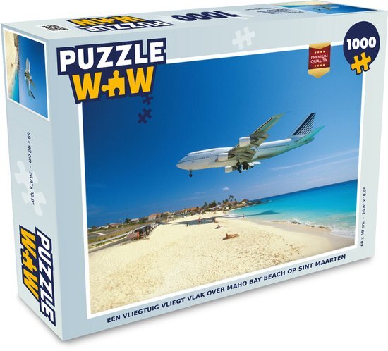 MuchoWow Puzzel Een vliegtuig vliegt vlak over Maho Bay Beach op Sint Maarten - Legpuzzel - Puzzel 1000 stukjes volwassenen