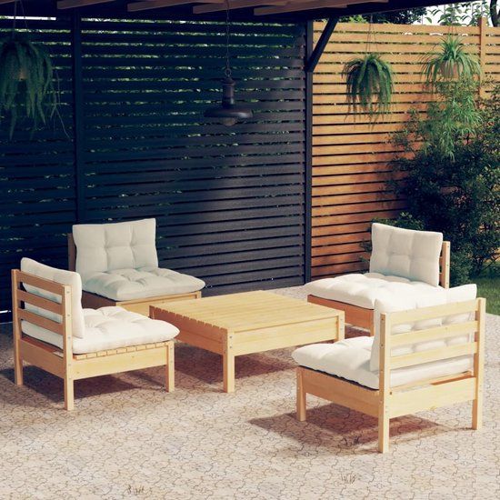 The Living Store Loungeset Grenenhout - 4-Seater - Cream Cushions - 63.5 x 63.5 x 62.5 cm