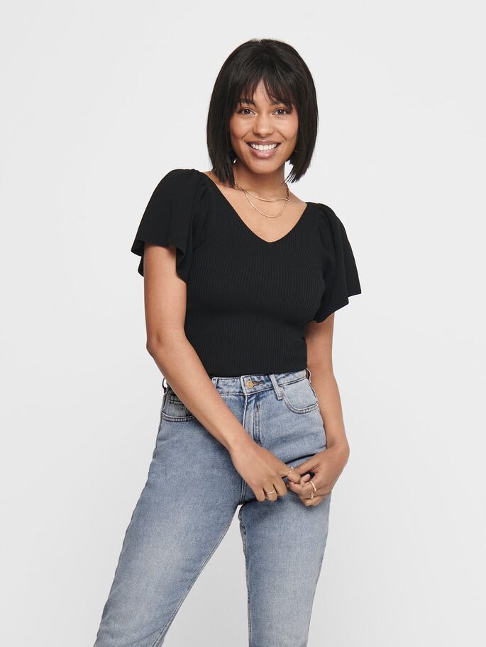 ONLY ONLLEELO Women's Striped Short Sleeve Top - Black - Size M