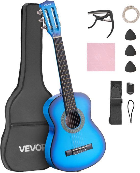 VEVOR Concertgitaar, 780MM, Houten Klassieke Gitaar Starterset voor Beginners, met Nylon Snaren, Gigbag, Riem, Tuner, Extra Snaren, Plectrums, Capo, Lindehout, Blauw