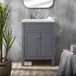 Hudson Reed Meuble de salle de bain rétro - 60 cm - Plan vasque simple - Gris clair - 1 trou - Poignée ronde chromée