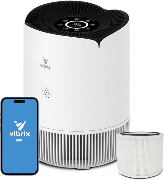 Vibrix PureFlow30 Luchtreiniger / Air Purifier – HEPA H13 + koolstoffilter – 180 m³/u – Voor kamers tot 30 m² – Ionisator – App-bediening – Zeer stil met slaapstand – Luchtkwaliteitindicator