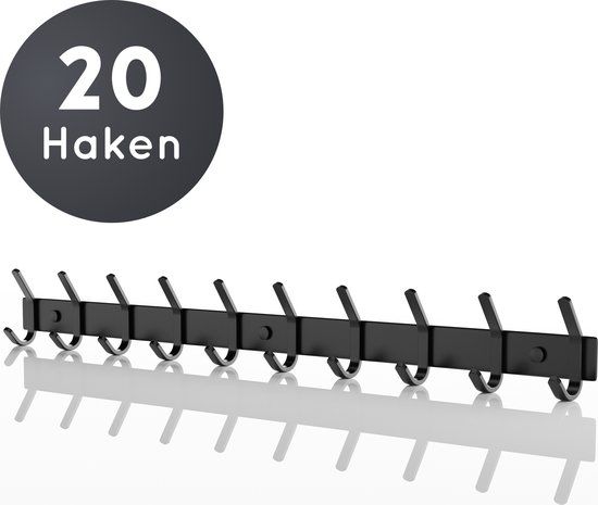 Volcan Wall Coat Rack - 20 Hooks - Stainless Steel - Hanging Wall Coat Rack - Industrial - 3M Tape - Black