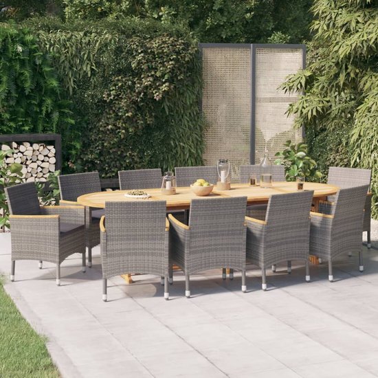 The Living Store Tuinset Acaciahout - Grijs - 280x90x75 cm - Massief acaciahout - PE-rattan - gepoedercoat staal - 10 stoelen - 10 kussens