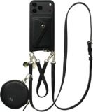 AVY Étui en cuir adapté pour Apple iPhone 18 Pro Max | Avec cordon, portefeuille et pochette | Compatible MagSafe | Étui en cuir avec cordon de 30 cm et 130 cm | Ensemble en cuir | Noir