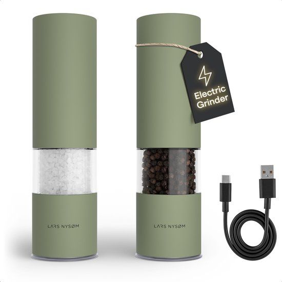 LARS NYSØM Elektrische Zout- en Pepermolen Set - Roestvrij Staal, Keramisch Maalwerk, USB-Oplaadbaar, LED (Sage Green)