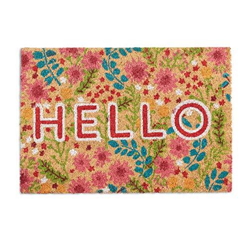 Relaxdays deurmat kokos, print ''Hello'' en bloemen, kokosmat binnen & buiten, antislip entreemat 40x60 cm, gekleurd