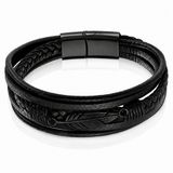 Mendes Jewelry Heren Armband - Stoer Zwart Leder met Bladvormige Stalen Bedel - Zwart-19cm