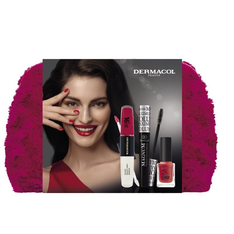 DERMACOL Magnum Maximum Volume Mascara W 9ml Black + Long Lasting Lipstick 16h Lip Colour 8ml 20 + Nail Polish 5 Day Stay 11ml 21 + Cosmetic Bag