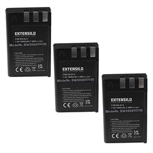 EXTENSILO 3 x batterijen compatibel met Nikon D40 SLR, D40x DSLR, D60 DSLR, D3000, D5000 camera, digitale reflex (1000 mAh, 7,4 V, Li-Ion)