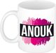Bellatio Decorations Anouk naam cadeau koffie mok - beker - met roze verfstrepen - Cadeau collega - moederdag - verjaardag - juf - coach - 300 ml - wit