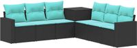 vidaXL Bankstel 2 zitplaatsen Zwart en Blauw Poly Rattan en Staal