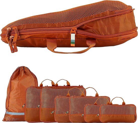 Travel Dude Reisorganizer | Bagage Compressietas | van gerecyclede plastic flessen | Kofferopslag voor rugzak (7 stuks, oranje gebrand)