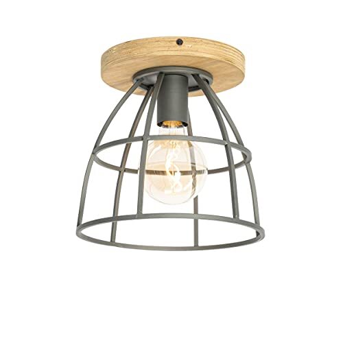 QAZQA - Industrieel | Industrie plafondlamp zwart met hout - Arthur | Woonkamer | Slaapkamer | Keuken - Hout Rond - E27 Geschikt voor LED - Max. 1 x 40 Watt