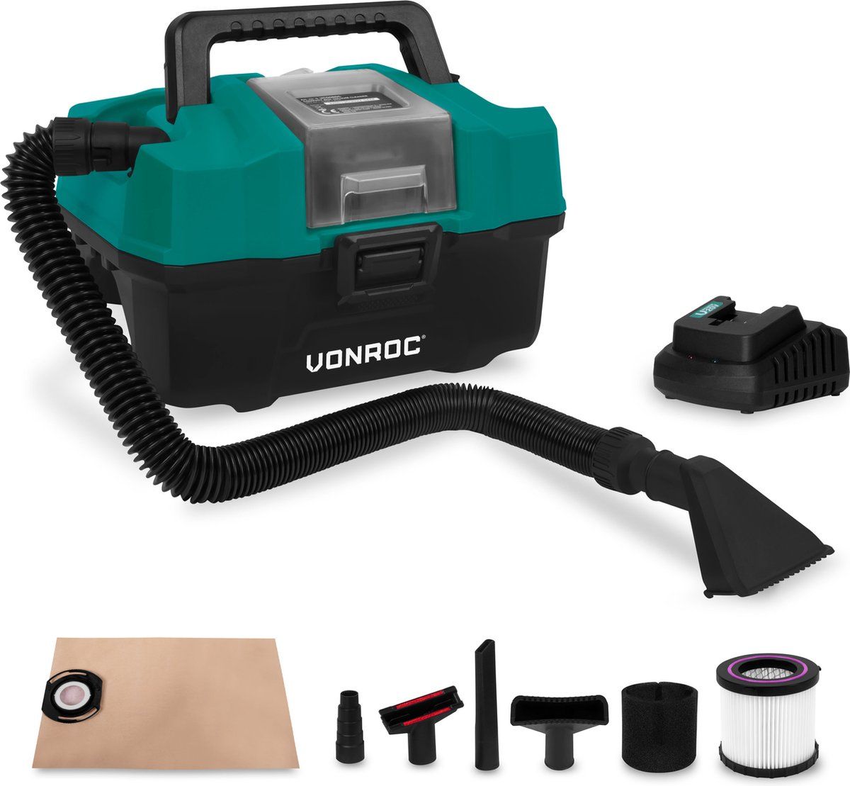VONROC Compacte alleszuiger - 20V - Incl. Diverse accessoires, 4.0Ah accu en snellader