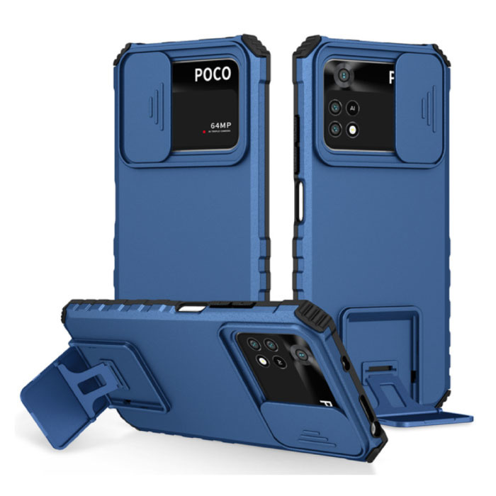 Keysion Keysion Xiaomi Poco M3 Pro (5G) - Kickstand Hoesje met Camera Slide - Cover Case Blauw