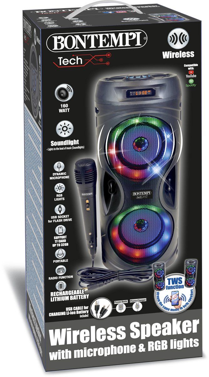 Bontempi | SonicSync - Draadloze audioversterker met dynamische microfoon, lichteffecten, bas- en hoogteregeling, TWS en echo-effect, 41,4 x 18,8 x 18,8 cm