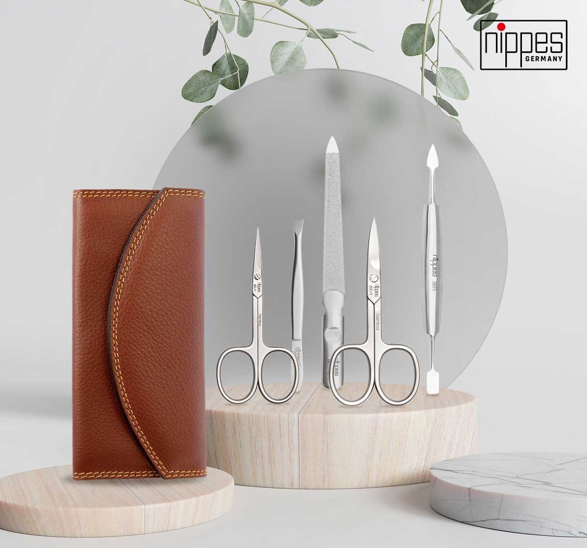 nippes Solingen Manicure set 5-delig - RVS – CLASSIC - Bruin Leren Etui - Handgemaakt - 2