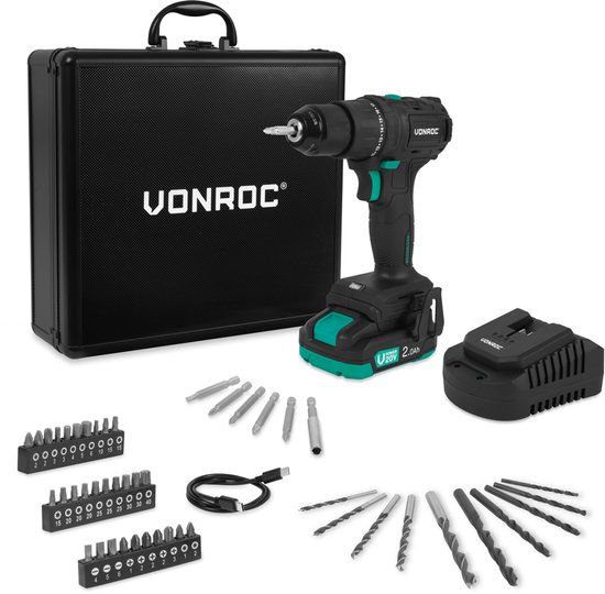 VONROC PRO Accuboormachine 20V – 40 Nm – Brushless motor - 18 schroefstanden + boorstand - Incl. 2.0Ah accu, snellader en 46 accessoires in luxe koffer