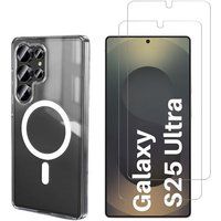 Phonillico® Hoesje met magnetische cirkel voor Samsung Galaxy S25 ULTRA en 2 gehard glazen displaybeschermers