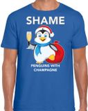 Bellatio Decorations Pinguin Kerstshirt / Kerst t-shirt Shame penguins with champagne blauw voor heren - Kerstkleding / Christmas outfit L