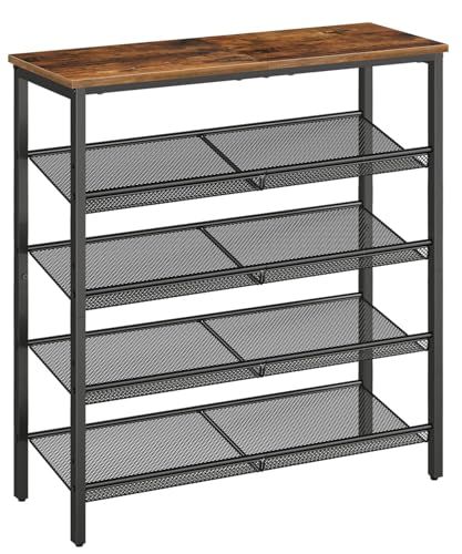HOOBRO Schoenenrek, 5 verdiepingen, schoenenkast, verstelbare metalen mesh plank, ruime bovenkant, voor 16-20 paar schoenen, Entree, hal, industrieel, vintage bruin-zwart