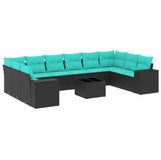 vidaXL 11-delige tuinbankset met kussens, zwart polyrotan