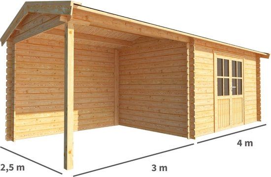 Merkloos Blokhut met overkapping Fenna 700 cm bij 250 cm diep Zadeldak bruin