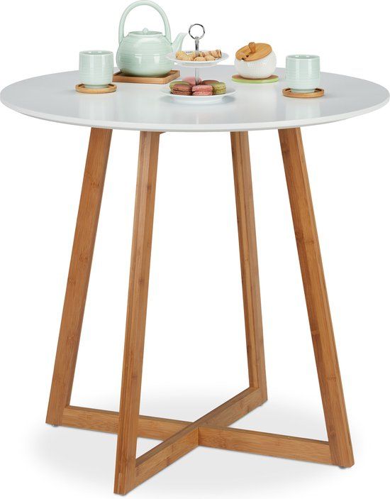 Merkloos Relaxdays Ronde Eettafel - Scandinavisch - Bamboe & MDF - Wit/Naturel - 75x80 cm