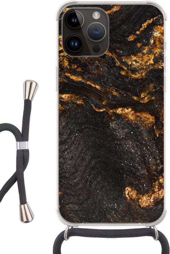 SleevesAndCases iPhone 14 Pro Max Hoesje - Marmer Print - Zwart/Goud - Siliconen Backcover met Koord