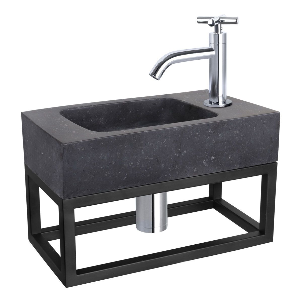 Differnz Fonteinset Force Rechthoek 40x22.5x24.5cm Bombai Natuursteen Zwart Handdoekrek Kruisgreep Toiletkraan Clickwaste Sifon Chroom