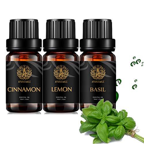 Aphrosmile Aromatherapie kaneel etherische olie set voor het maken van kaarsen, 3 x 10 ml therapeutische kwaliteit citroen etherische olie kit voor massage, 100% pure basilicum etherische oliën set voor diffuser