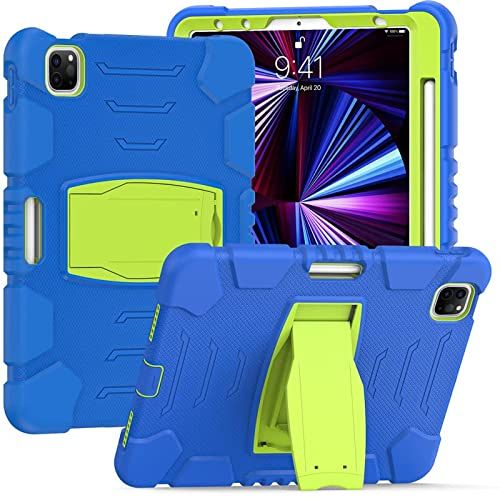 YEOU Samsung Tab -oprichter bij 10.1 T590 T595 met ondersteuning, duurzaam, hybrid, schokken, resistent, drielaags, siliconen beschermhoes voor kindertablet (blauw + groen geel)