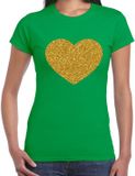 Bellatio Decorations Verkleed T-shirt voor dames - groen - hartje - glitter goud - themafeest / foute party L
