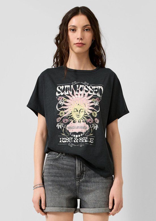 QS s.Oliver QS T-shirt met korte mouw, ronde hals, vleermuismouwen, print, siersteentjes, extra kort, aansluitend, katoen, zwart, maat M