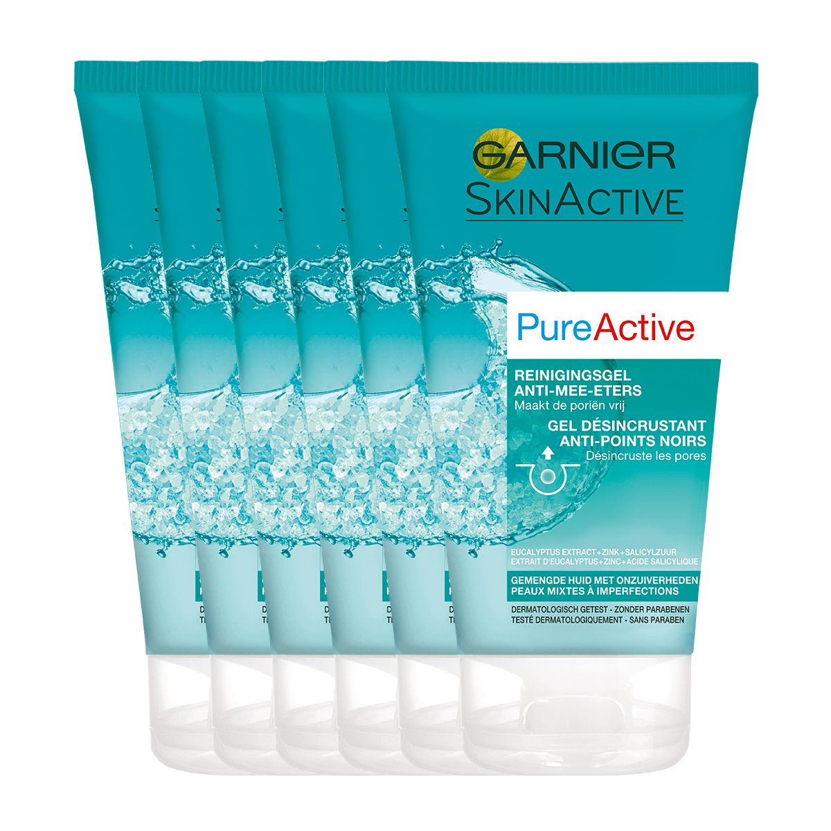 Garnier Skinactive Face SkinActive – PureActive Reinigingsgel Anti-Mee-Eters voor een Gemengde Huid - 6 x 150ml – Gezichtsreiniging - Voordeelverpakking