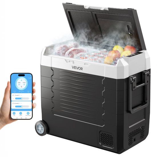Vevor VEVOR Auto Kofferklimaatregelaar, DC 12/24V AC100-240V Compressor Elektrische Cooler, -20°C tot 20°C Truck Klimaatorgeel met APP Besturing, Riem & Dubbele Zone, 55L Auto Cooler voor RVs, Boten, Camping, Visschen