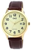 Q&Q Herenhorloge Datum Goudkleurig Bruin Leder Diameter 40 mm 3 ATM Waterdicht