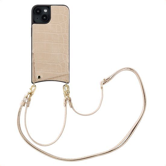 Selencia Hoesje - Geschikt voor Apple iPhone 14 / 13 - Croco Backcover met koord en pashouder - Beige