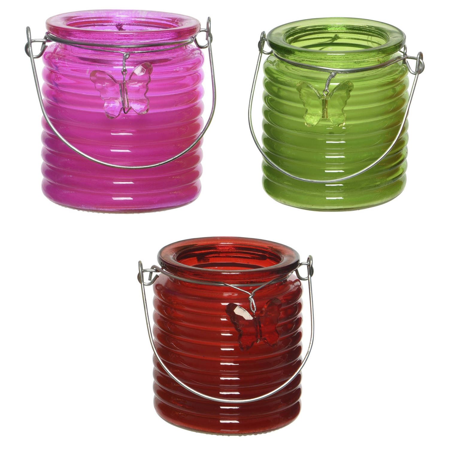 Decoris Set van 3x citronella anti muggen kaarsen windlicht roze, groen en rood 20 branduren