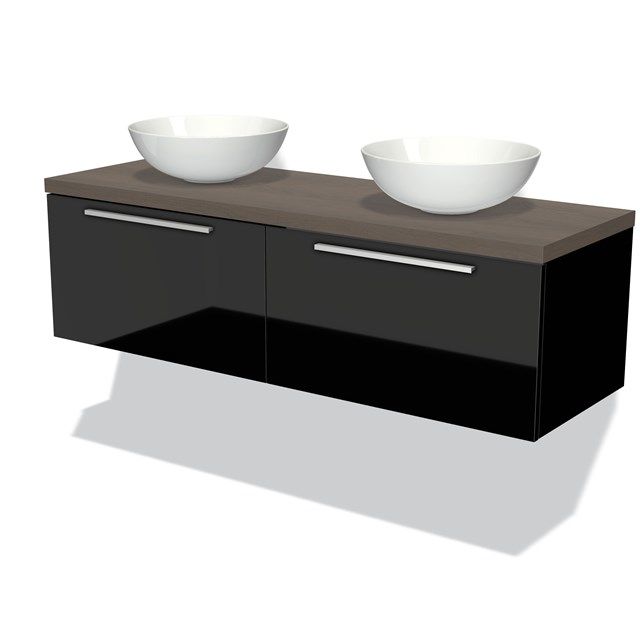 Maxaro Badkamermeubel Modulo Plato 140cm Hoogglans Zwart 2 Lades Donkerbruin Eiken Blad