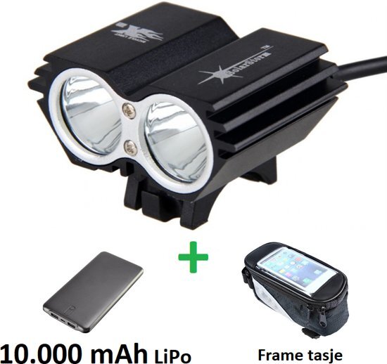 solarstorm X2 set - USB MTB/race LED koplamp EXTREEM veel licht met 2x CREE T6 LED - met 10.000 mAh LiPo Powerbank en handig frametasje