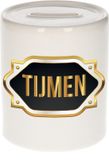 Bellatio Decorations Shoppartners Bv Spaarpot met voornaam Tijmen - wit - met goud/zwart embleem - 8 x 9 cm - keramiek - met afsluitdop - cadeau verjaardag