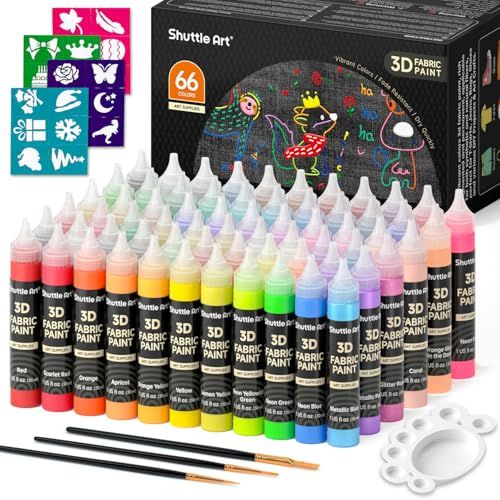 Shuttle Art 3D Textielverf Set, 66 Kleuren, Permanente Verf met Penselen en Sjablonen, Glow in the Dark, Glitter & Metallic Kleuren voor T-shirts, Textiel, Glas & Hout