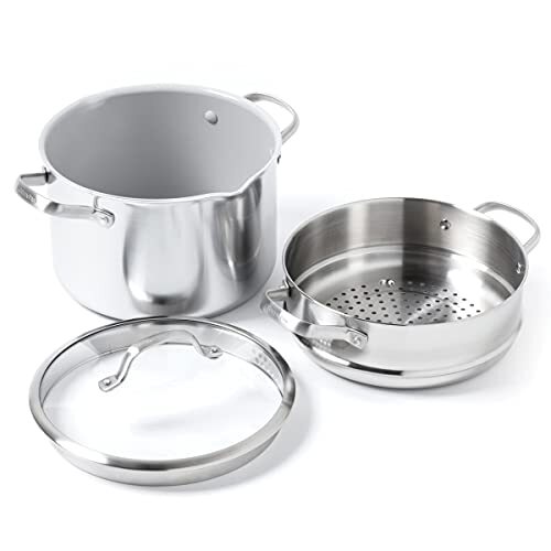 Greenpan Venice Pro Noir Tri-Ply RVS, Keramische Antiaanbak 24 cm/7,6l Kookpan met Afgietdeksel en Stomer, PFAS-vrij, Multi Clad, Inductie, Vaatwasserbestendig, Ovenbestendig, Zilver