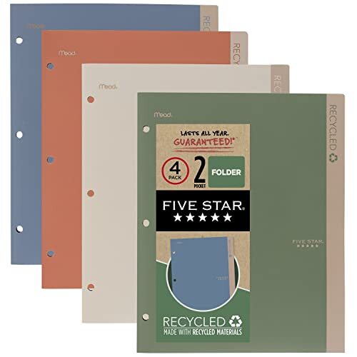 Five Star Five Star 2 Pocket Folder, 4 Pack, Gerecyclede Plastic Mappen met Stay-Put Tabs en Prong Fasteners, Past 3-Ring Binder, Houdt 11" x 8-1/2" papier, beschrijfbaar etiket, diverse kleuren (33002)