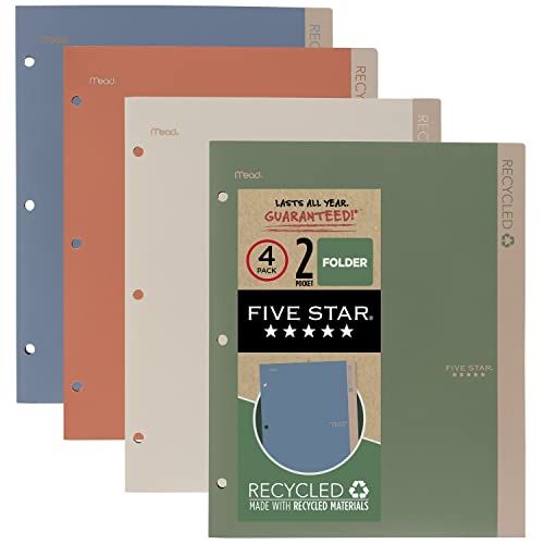 Five Star 2 Pocket Folder - 4 Pack - Recycled Plastic - Stay-Put Tabs - Prong Fasteners - Assorted Colors