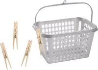 Forte Plastics Fornord Import Distribution Wasknijper mandje/bakje - zilver - inclusief 48x wasknijpers - hout