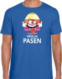 Bellatio Decorations Paasei die tong uitsteekt vrolijk Pasen t-shirt - blauw - heren - Paas kleding / outfit XXL